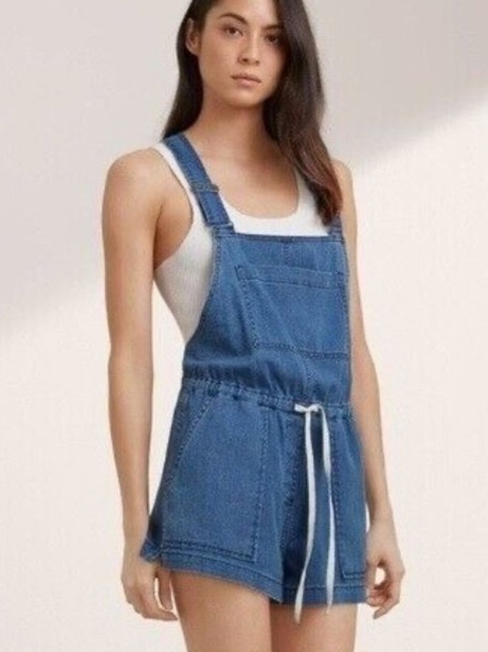 Aritzia Wilfred Free Beatriz Romper Blue Denim Jean Short Overalls Size Medium